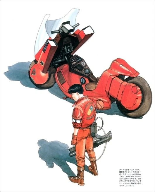 Ilustración de Kaneda junto a su moto en Akira