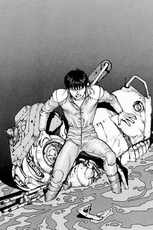 Viñeta del manga AKIRA con Kaneda acorralado